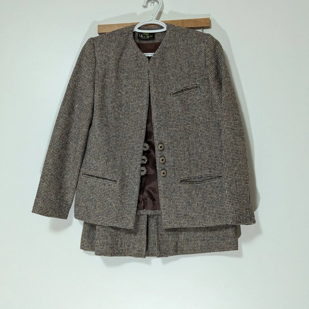 Charade Montreal Tweed Skirt Suit Beige Brown VINTAGE